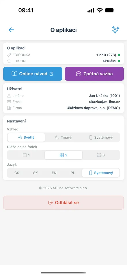 Informace o aplikaci a nastavení