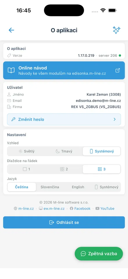 Informace o aplikaci a nastavení