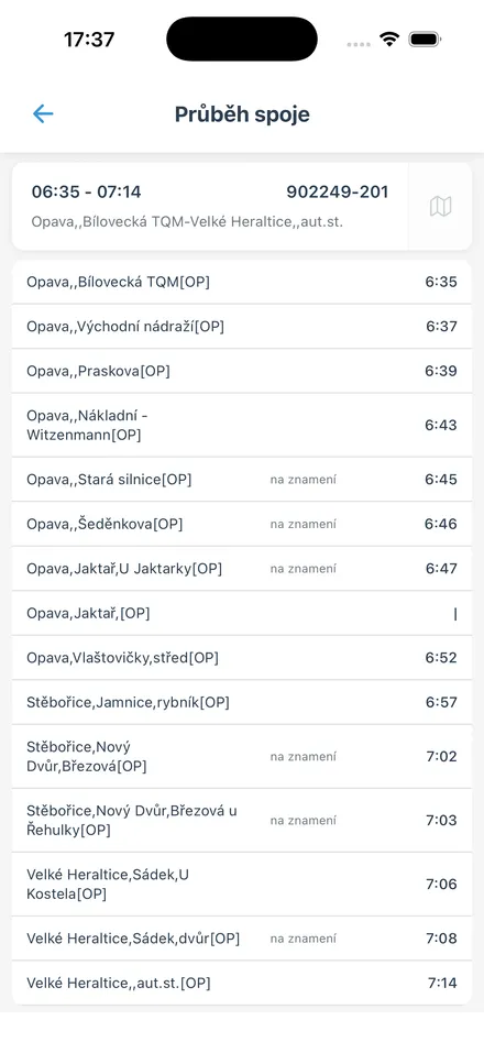 Průběh spoje s trasou na mapě