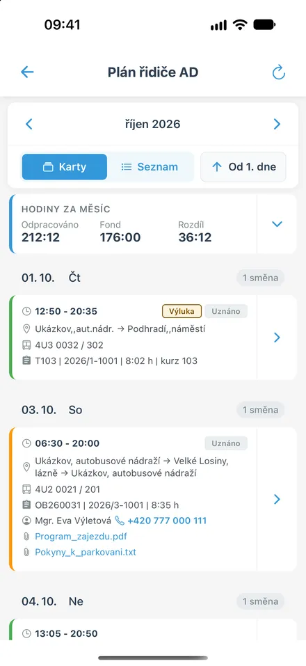 Plán řidiče - karty směn za zvolený měsíc