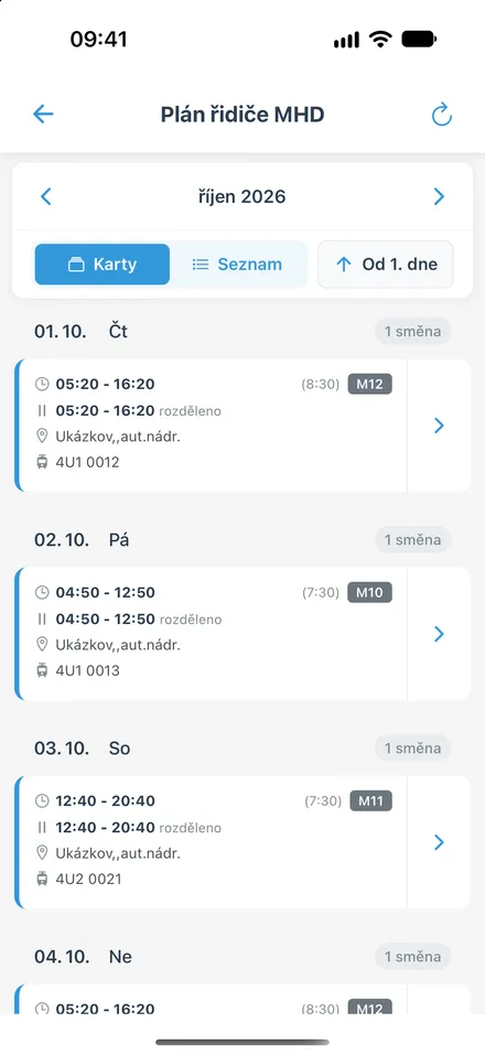 Plán řidiče MHD - směny za zvolený měsíc