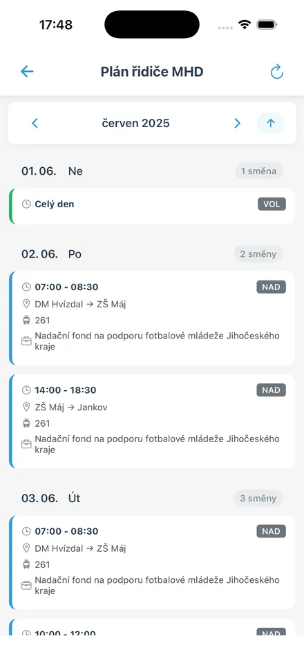 Plán řidiče MHD - směny za zvolený měsíc