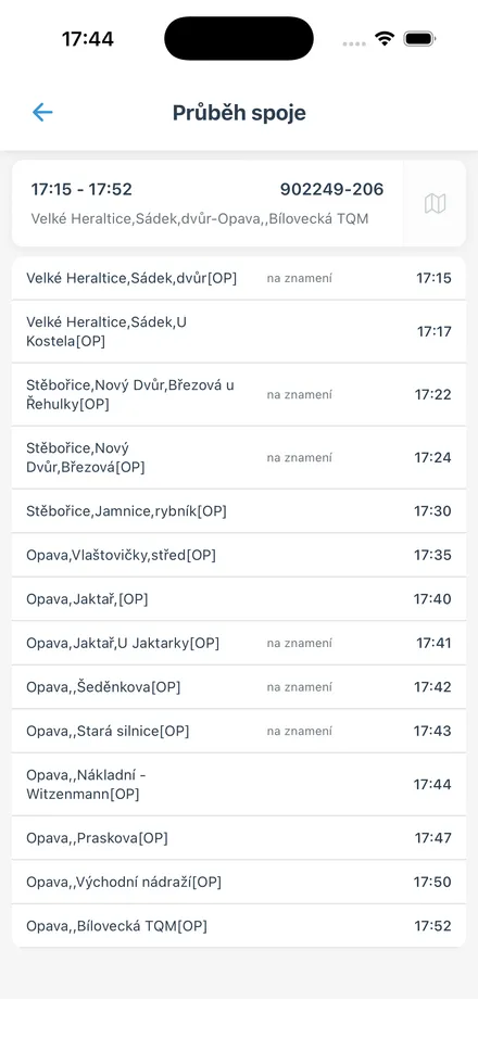 Průběh spoje - jízdní řád