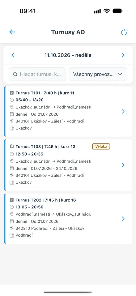 Turnusy jedoucí ve zvolený den