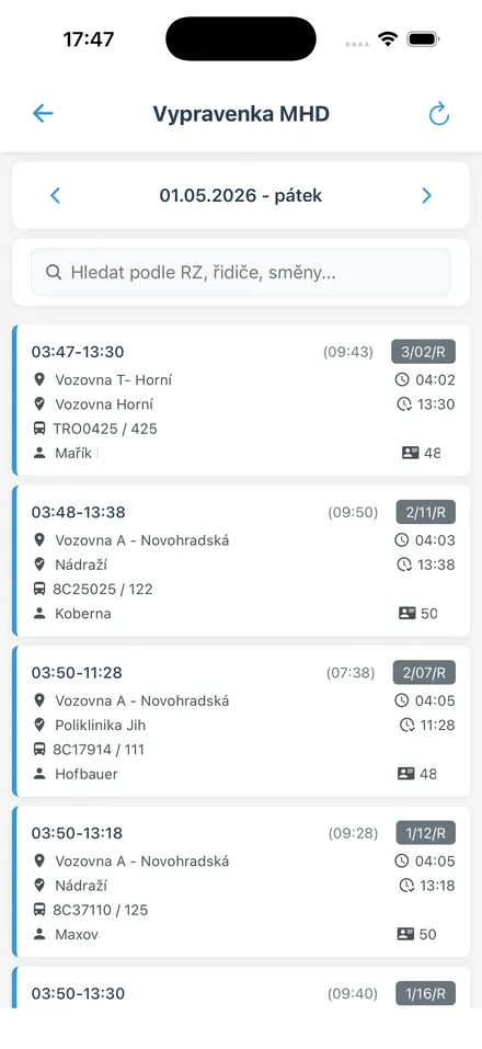 Vypravenka - záznamy zvoleného dne